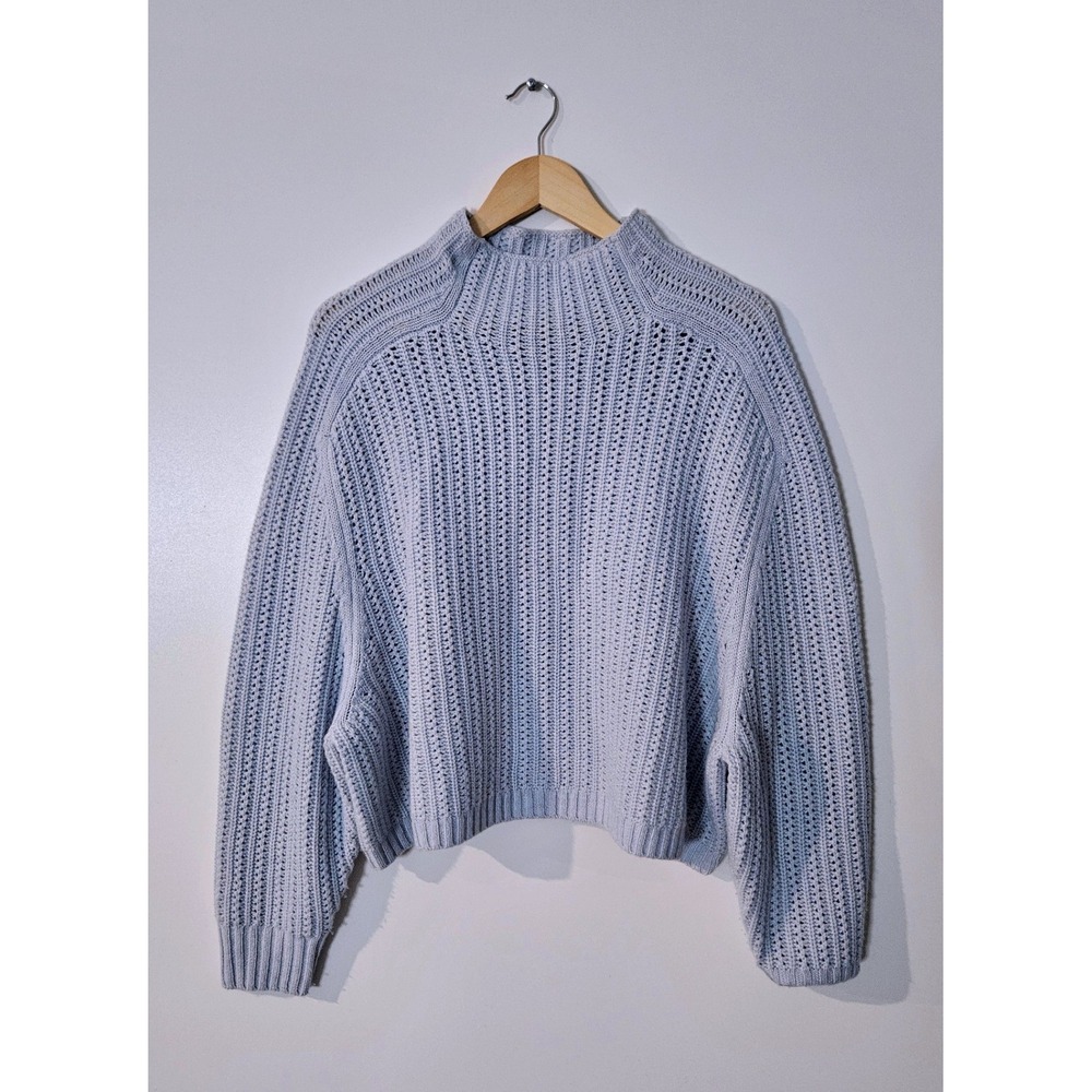 Madewell Light Blue Pointelle Stitch-Mix Mockneck Cropped Pullover Sweater L